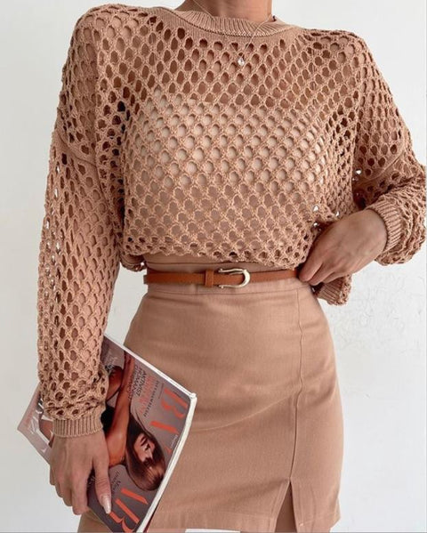 Women Mesh Crochet Crop Top Long Sleeve Hollow Out Knit Sweater Bikini Beach See Through Cover Ups