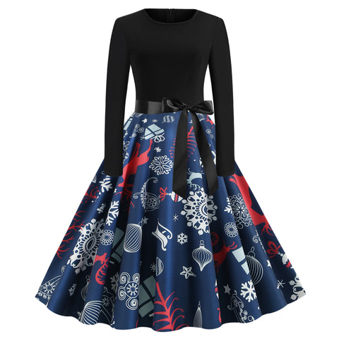 Pinksmoose FashionChristmas Print Stitching Long-sleeved DressProduct information:Skirt length: mid-length skirtSkirt type: large swing typeCollar type: round neckSleeve length: long sleeveWaist type: middle waistMain fabric cotops & setsPinksmoose