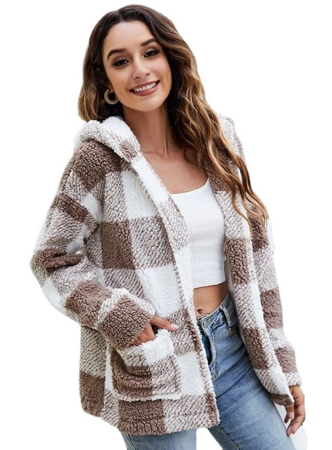 Hooded Plaid Double-sided Plush Pocket Cardigan Jacket - Pinksmoose Fashion