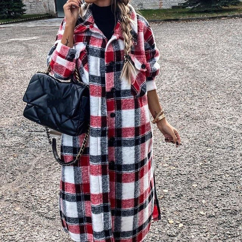 Single-breasted Pocket Printed Plaid Shirt Long Coat - Pinksmoose Fashion