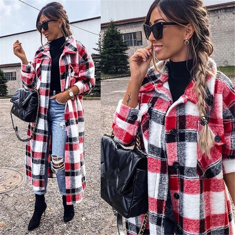 Single-breasted Pocket Printed Plaid Shirt Long Coat - Pinksmoose Fashion