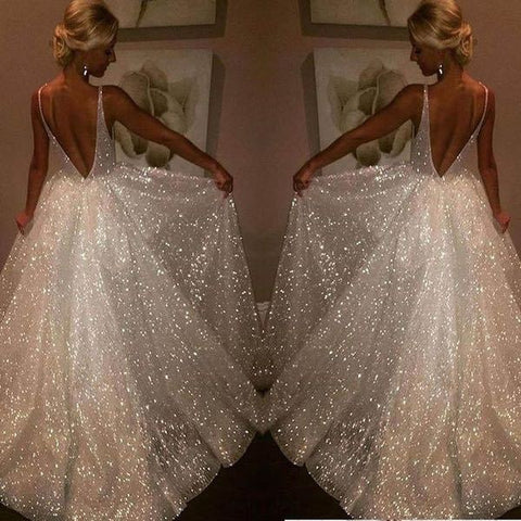 V-neck halter pure white wedding evening dress - Pinksmoose Fashion