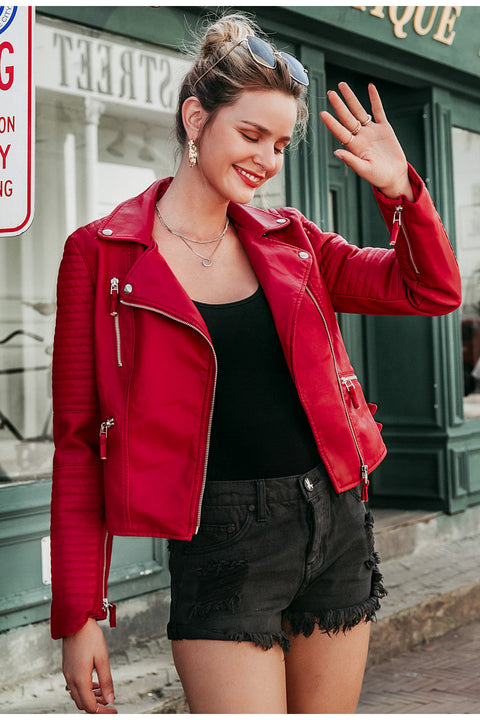 Irregular cuff motorcycle leather jacket - Pinksmoose Fashion