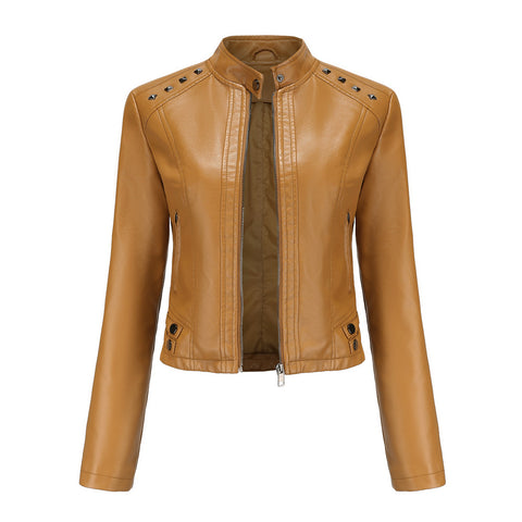 Studded Leather Women Short Jacket Long Sleeves - Pinksmoose Fashion