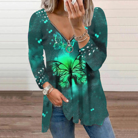 Pinksmoose FashionWomen's V-neck Zipper Pullover Top Pearl Print T-shirtProduct information:Supply category: SpotFabric name: Cotton blendedMain fabric composition: cottonThe content of the main fabric ingredient: 51%-70%Main fabric comptops & setsPinksmoose
