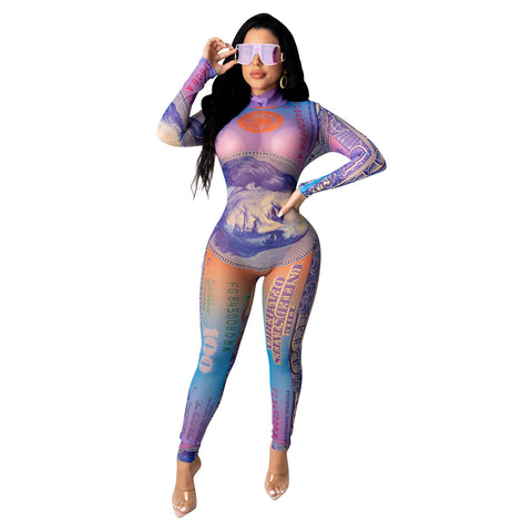 Pinksmoose FashionSexy Dollar Positioning Printed Mesh Long Sleeve Jumpsuit Product information:Main fabric composition: polyester fiber (polyester)The content of the main fabric ingredient: 81%-90%Style: jumpsuitPants type: cone typeLengthtops & setsPinksmoose