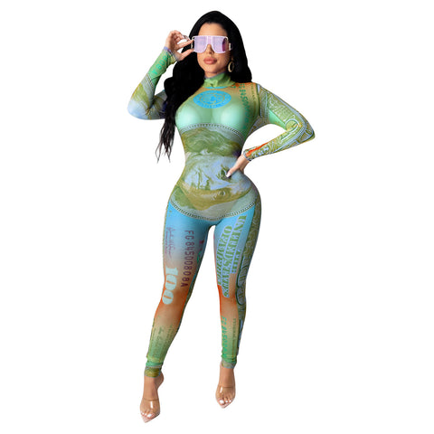 Pinksmoose FashionSexy Dollar Positioning Printed Mesh Long Sleeve Jumpsuit Product information:Main fabric composition: polyester fiber (polyester)The content of the main fabric ingredient: 81%-90%Style: jumpsuitPants type: cone typeLengthtops & setsPinksmoose