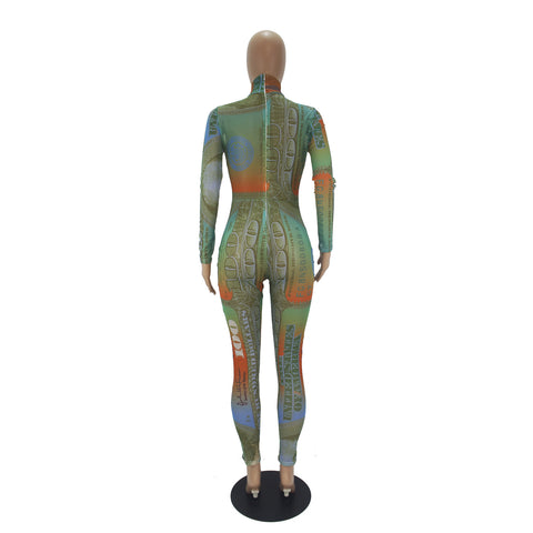 Pinksmoose FashionSexy Dollar Positioning Printed Mesh Long Sleeve Jumpsuit Product information:Main fabric composition: polyester fiber (polyester)The content of the main fabric ingredient: 81%-90%Style: jumpsuitPants type: cone typeLengthtops & setsPinksmoose