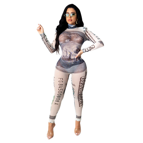 Pinksmoose FashionSexy Dollar Positioning Printed Mesh Long Sleeve Jumpsuit Product information:Main fabric composition: polyester fiber (polyester)The content of the main fabric ingredient: 81%-90%Style: jumpsuitPants type: cone typeLengthtops & setsPinksmoose