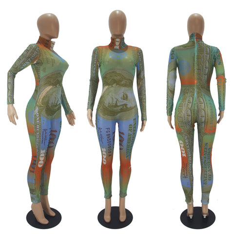 Pinksmoose FashionSexy Dollar Positioning Printed Mesh Long Sleeve Jumpsuit Product information:Main fabric composition: polyester fiber (polyester)The content of the main fabric ingredient: 81%-90%Style: jumpsuitPants type: cone typeLengthtops & setsPinksmoose