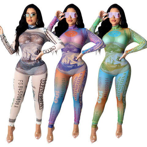 Pinksmoose FashionSexy Dollar Positioning Printed Mesh Long Sleeve Jumpsuit Product information:Main fabric composition: polyester fiber (polyester)The content of the main fabric ingredient: 81%-90%Style: jumpsuitPants type: cone typeLengthtops & setsPinksmoose