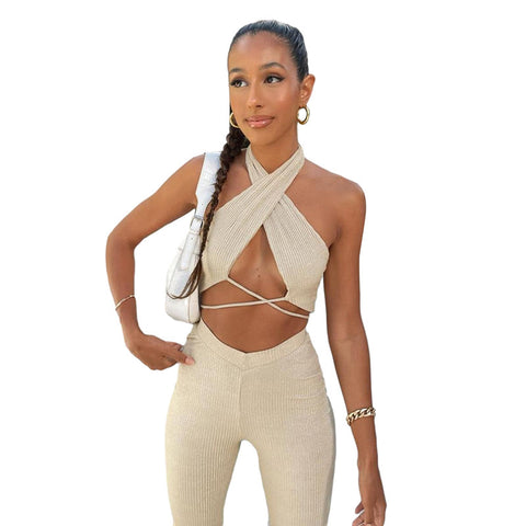 Pinksmoose FashionWomen's Hanging Neck Short Navel T-Thirt Fashion Slim Trousers Casual Product information：Main image source: real shots with modelsSupply category: SpotInventory type: whole orderStyle: Streetpattern: plainStyle: pants suitTop style: Ttops & setsPinksmoose