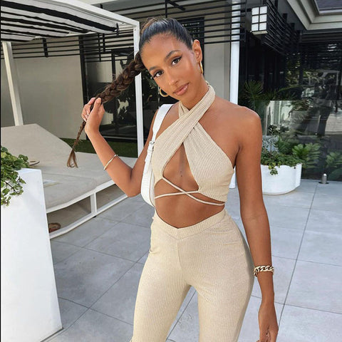 Pinksmoose FashionWomen's Hanging Neck Short Navel T-Thirt Fashion Slim Trousers Casual Product information：Main image source: real shots with modelsSupply category: SpotInventory type: whole orderStyle: Streetpattern: plainStyle: pants suitTop style: Ttops & setsPinksmoose