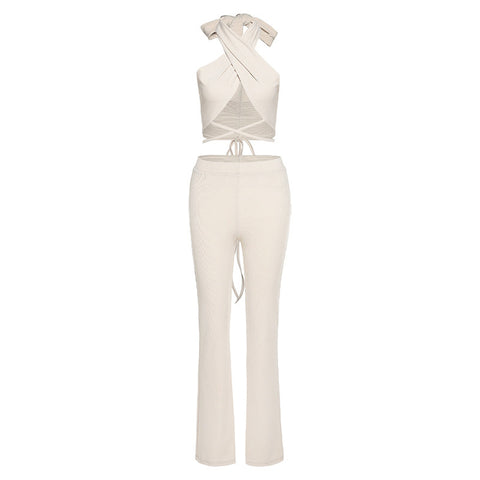 Pinksmoose FashionWomen's Hanging Neck Short Navel T-Thirt Fashion Slim Trousers Casual Product information：Main image source: real shots with modelsSupply category: SpotInventory type: whole orderStyle: Streetpattern: plainStyle: pants suitTop style: Ttops & setsPinksmoose