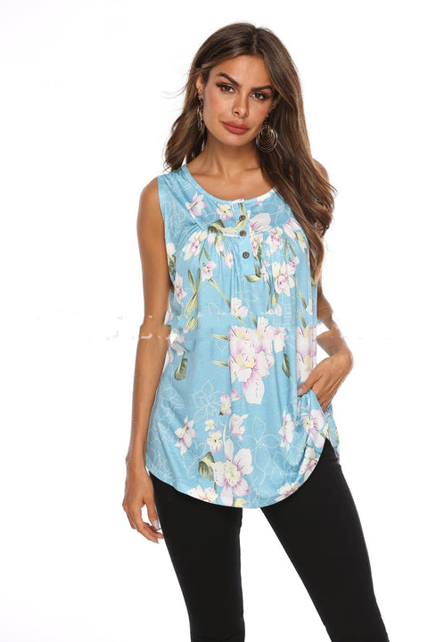Pinksmoose FashionV-Neck Sleeveless Vest With Printed ButtonsOverview:Feature: Sleeveless, button down v neck, wrap, boho, high low tops, loose casual style. flower print tank tops will show your body lines and female curves.Mtops & setsPinksmoose