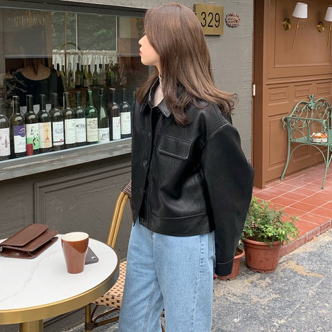 Spring Niche Handsome Lapel Single-Breasted Loose Casual Long-Sleeved Motorcycle Clothing Leather Short Jacket Women - Pinksmoose Fashion