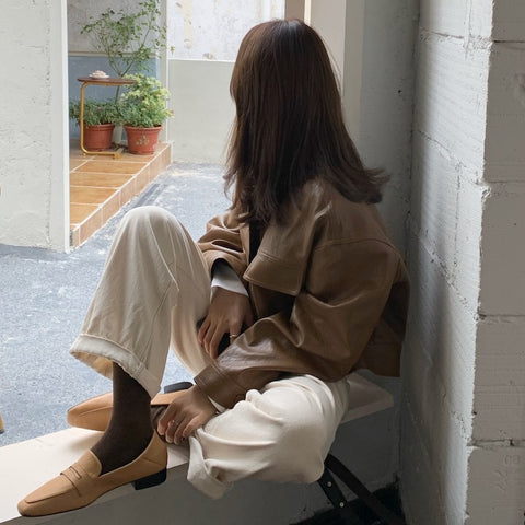 Spring Niche Handsome Lapel Single-Breasted Loose Casual Long-Sleeved Motorcycle Clothing Leather Short Jacket Women - Pinksmoose Fashion