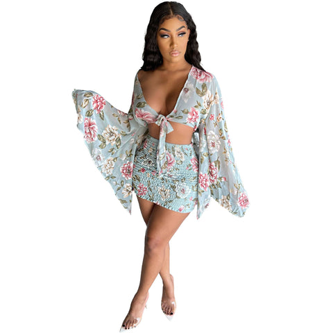 Chiffon Print Top Skirt | Flared Sleeve Top Skirt | Pinksmoose Fashion