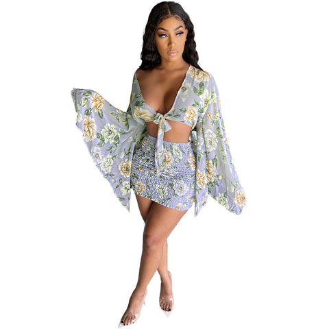 Chiffon Print Top Skirt | Flared Sleeve Top Skirt | Pinksmoose Fashion