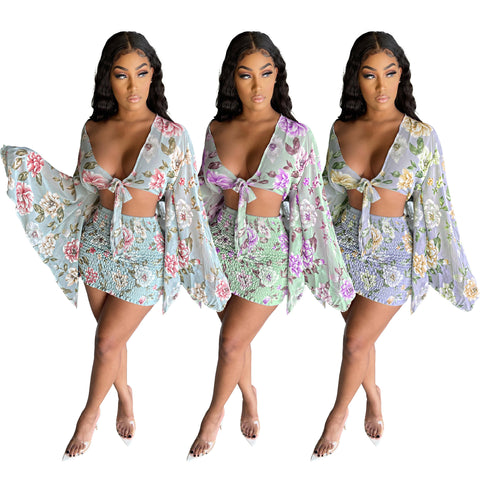 Chiffon Print Top Skirt | Flared Sleeve Top Skirt | Pinksmoose Fashion
