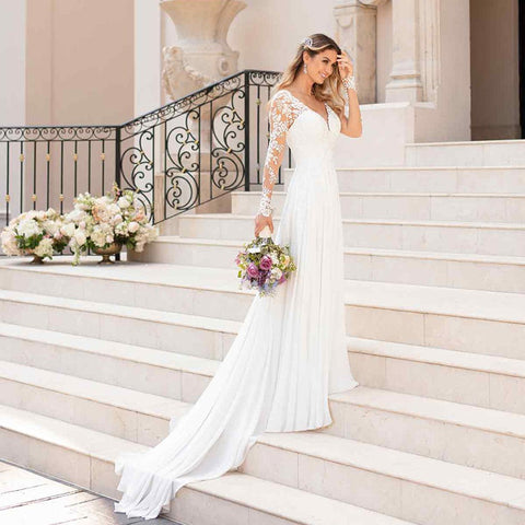 Sexy Backless Deep V-neck Tail White Wedding Evening Dress - Pinksmoose Fashion