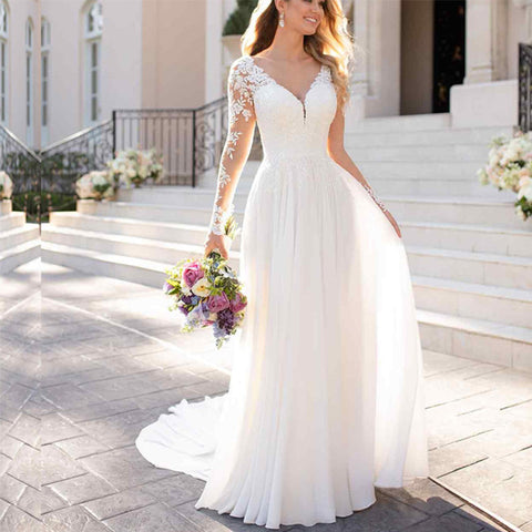 Sexy Backless Deep V-neck Tail White Wedding Evening Dress - Pinksmoose Fashion