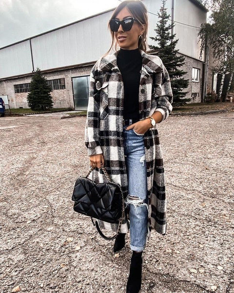 Single-breasted Pocket Printed Plaid Shirt Long Coat - Pinksmoose Fashion
