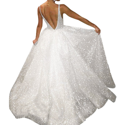 V-neck halter pure white wedding evening dress - Pinksmoose Fashion