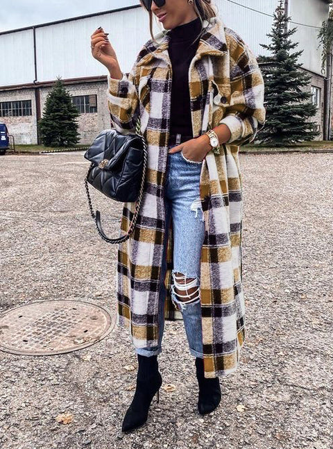 Single-breasted Pocket Printed Plaid Shirt Long Coat - Pinksmoose Fashion