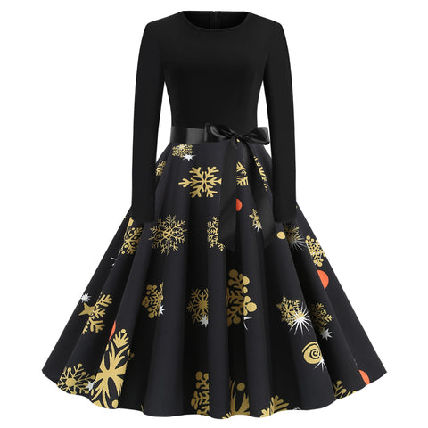 Pinksmoose FashionChristmas Print Stitching Long-sleeved DressProduct information:Skirt length: mid-length skirtSkirt type: large swing typeCollar type: round neckSleeve length: long sleeveWaist type: middle waistMain fabric cotops & setsPinksmoose