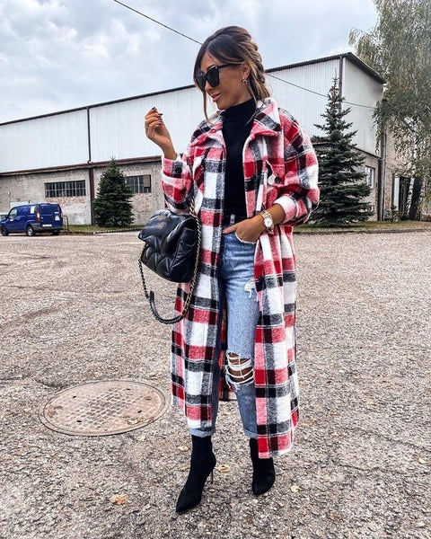 Single-breasted Pocket Printed Plaid Shirt Long Coat - Pinksmoose Fashion