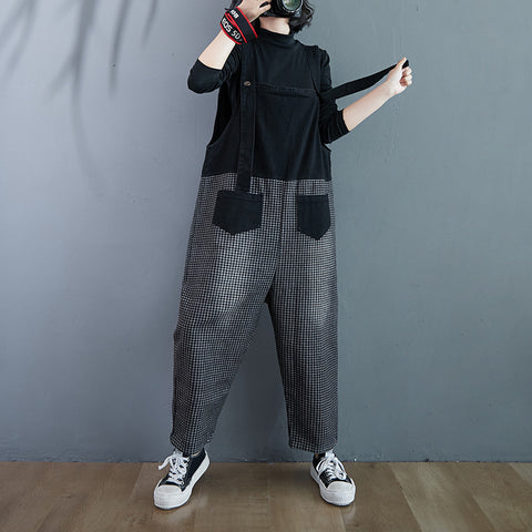 Pinksmoose FashionPlaid Stitching Plus Size Casual Wide-leg Denim Overalls WomenProduct information:Fabric name; denimMain fabric composition; cottonPopular elements; otherStyle: VintageCraft; OtherSize;’L,XL,M,2XLClothing style; Korean versionStops & setsPinksmoose