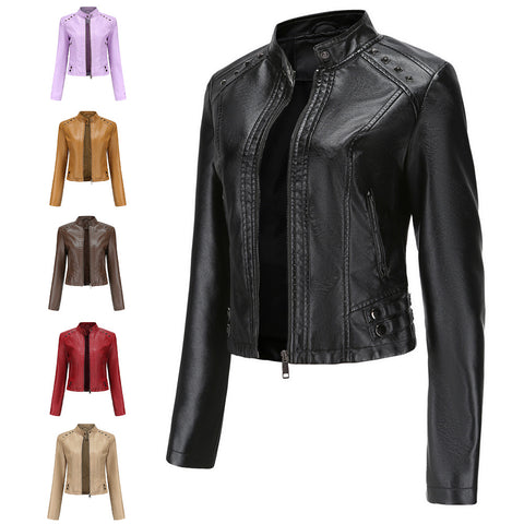 Studded Leather Women Short Jacket Long Sleeves - Pinksmoose Fashion