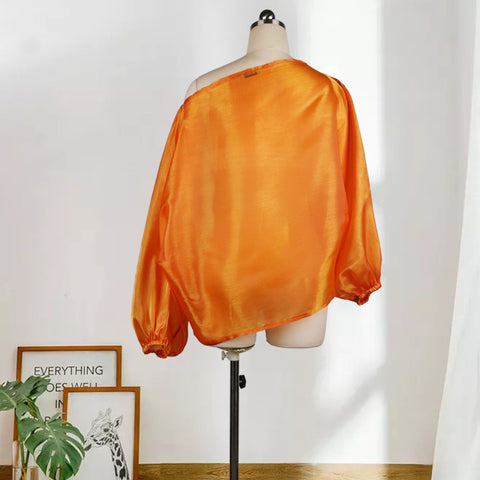 Pinksmoose FashionSexy Sloping Shoulder Lantern Sleeves Plus Size Commuter Loose Casual Product information:Fabric name: polyester fiberColor: orange, blueSize: S, M, L, XL, XXLStyle type: temperament commutingPopular elements: irregular, backless, stittops & setsPinksmoose