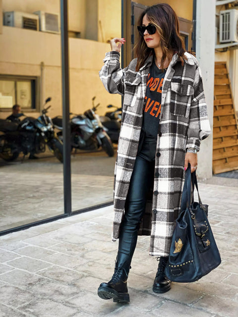 Single-breasted Pocket Printed Plaid Shirt Long Coat - Pinksmoose Fashion