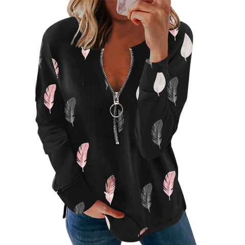 Pinksmoose FashionWomen's V-neck Zipper Feather Print Long Sleeve Loose T-shirtProduct information:Supply category: SpotFabric name: Cotton blendedMain fabric composition: cottonThe content of the main fabric ingredient: 51%-70%Main fabric comptops & setsPinksmoose
