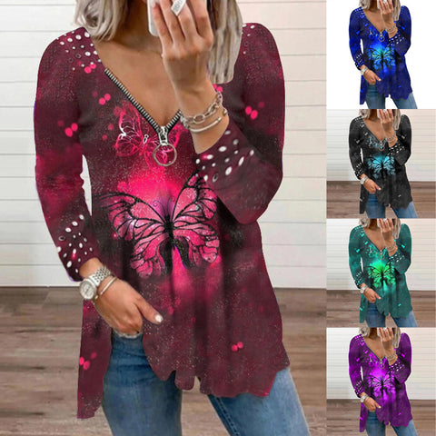 Pinksmoose FashionWomen's V-neck Zipper Pullover Top Pearl Print T-shirtProduct information:Supply category: SpotFabric name: Cotton blendedMain fabric composition: cottonThe content of the main fabric ingredient: 51%-70%Main fabric comptops & setsPinksmoose