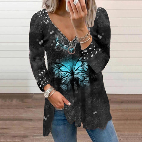 Pinksmoose FashionWomen's V-neck Zipper Pullover Top Pearl Print T-shirtProduct information:Supply category: SpotFabric name: Cotton blendedMain fabric composition: cottonThe content of the main fabric ingredient: 51%-70%Main fabric comptops & setsPinksmoose
