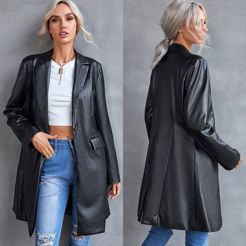 Women's Leather Slim Long-sleeved Windbreaker Blazer Top - Pinksmoose Fashion