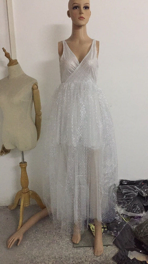 V-neck halter pure white wedding evening dress - Pinksmoose Fashion