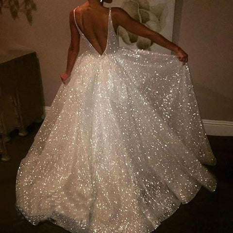 V-neck halter pure white wedding evening dress - Pinksmoose Fashion