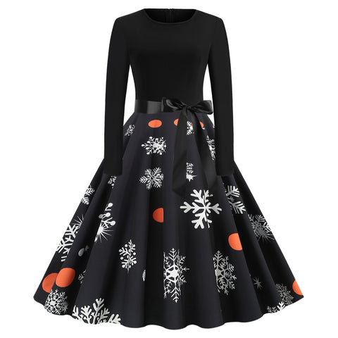 Pinksmoose FashionChristmas Print Stitching Long-sleeved DressProduct information:Skirt length: mid-length skirtSkirt type: large swing typeCollar type: round neckSleeve length: long sleeveWaist type: middle waistMain fabric cotops & setsPinksmoose