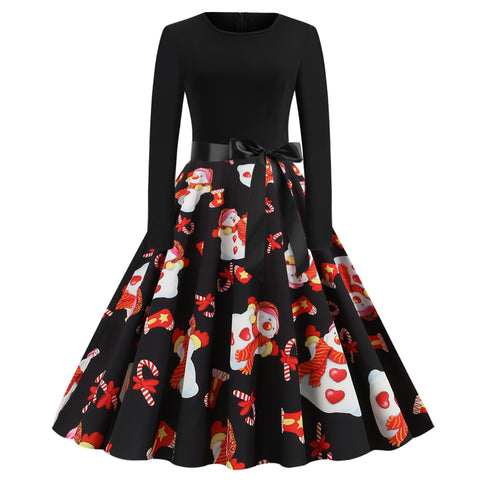 Pinksmoose FashionChristmas Print Stitching Long-sleeved DressProduct information:Skirt length: mid-length skirtSkirt type: large swing typeCollar type: round neckSleeve length: long sleeveWaist type: middle waistMain fabric cotops & setsPinksmoose