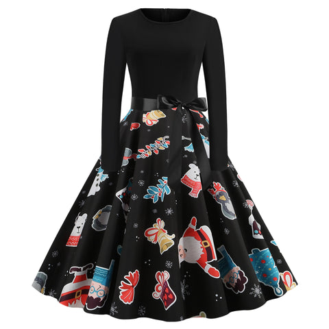 Pinksmoose FashionChristmas Print Stitching Long-sleeved DressProduct information:Skirt length: mid-length skirtSkirt type: large swing typeCollar type: round neckSleeve length: long sleeveWaist type: middle waistMain fabric cotops & setsPinksmoose