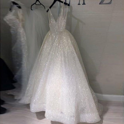 V-neck halter pure white wedding evening dress - Pinksmoose Fashion