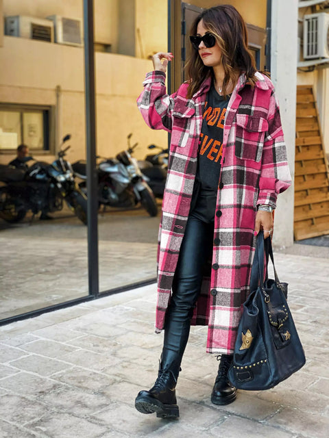 Single-breasted Pocket Printed Plaid Shirt Long Coat - Pinksmoose Fashion