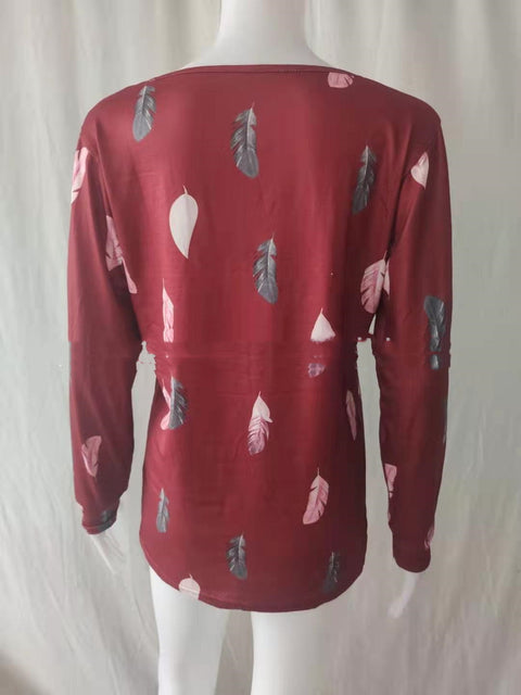 Pinksmoose FashionWomen's V-neck Zipper Feather Print Long Sleeve Loose T-shirtProduct information:Supply category: SpotFabric name: Cotton blendedMain fabric composition: cottonThe content of the main fabric ingredient: 51%-70%Main fabric comptops & setsPinksmoose