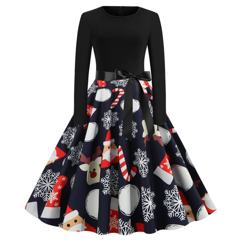 Pinksmoose FashionChristmas Print Stitching Long-sleeved DressProduct information:Skirt length: mid-length skirtSkirt type: large swing typeCollar type: round neckSleeve length: long sleeveWaist type: middle waistMain fabric cotops & setsPinksmoose