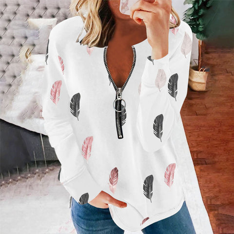 Pinksmoose FashionWomen's V-neck Zipper Feather Print Long Sleeve Loose T-shirtProduct information:Supply category: SpotFabric name: Cotton blendedMain fabric composition: cottonThe content of the main fabric ingredient: 51%-70%Main fabric comptops & setsPinksmoose