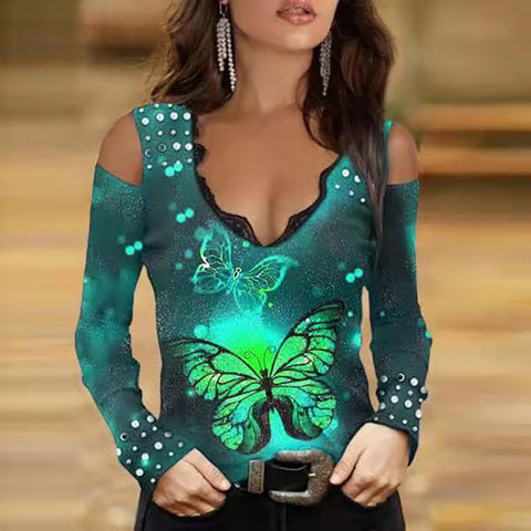 Pinksmoose FashionV-neck Lace Long-sleeved Butterfly Print Gradient T-shirtProduct information:Supply category: SpotFabric name: Cotton blendedMain fabric composition: cottonThe content of the main fabric ingredient: 51%-70%Main fabric comptops & setsPinksmoose